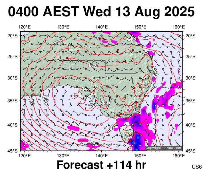 South East Australia forecast chart for Tuesday, August 12th, 2025 at 6:00 PM