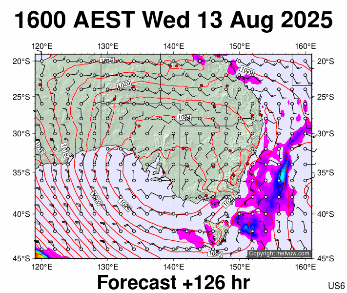South East Australia forecast chart for Wednesday, August 13th, 2025 at 6:00 AM