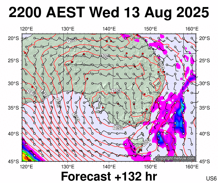 South East Australia forecast chart for Wednesday, August 13th, 2025 at 12:00 PM
