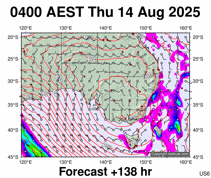 South East Australia forecast chart for Wednesday, August 13th, 2025 at 6:00 PM