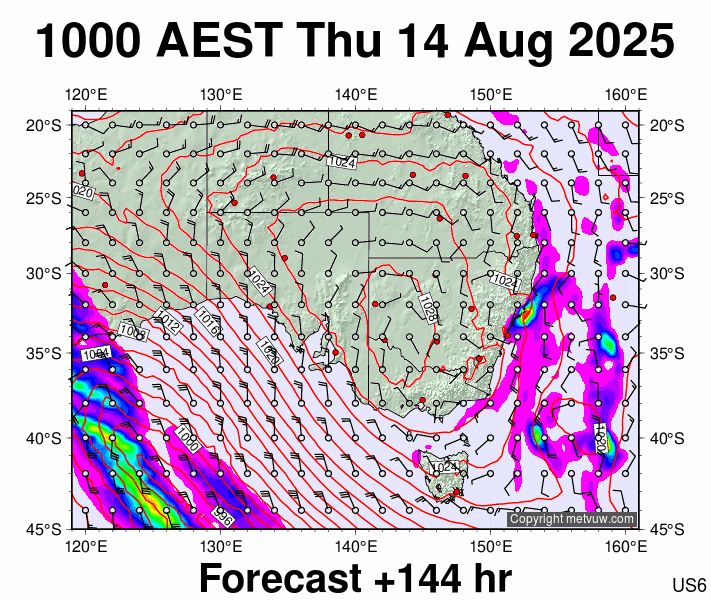 South East Australia forecast chart for Thursday, August 14th, 2025 at 12:00 AM