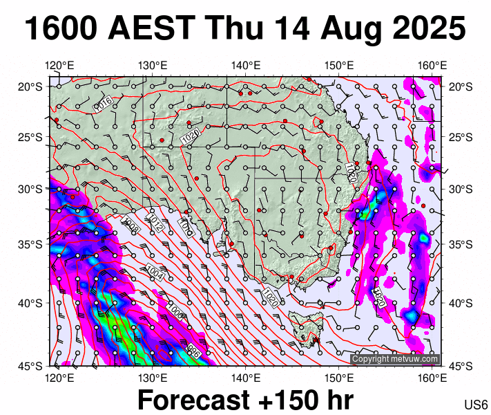 South East Australia forecast chart for Thursday, August 14th, 2025 at 6:00 AM