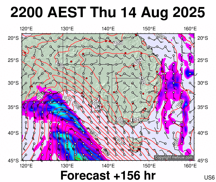 South East Australia forecast chart for Thursday, August 14th, 2025 at 12:00 PM