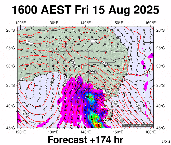 South East Australia forecast chart for Friday, August 15th, 2025 at 6:00 AM
