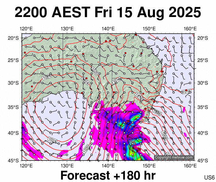 South East Australia forecast chart for Friday, August 15th, 2025 at 12:00 PM