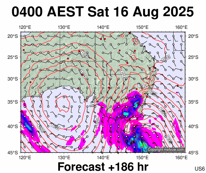 South East Australia forecast chart for Friday, August 15th, 2025 at 6:00 PM