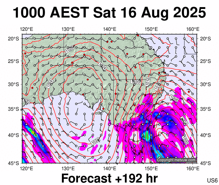 South East Australia forecast chart for Saturday, August 16th, 2025 at 12:00 AM