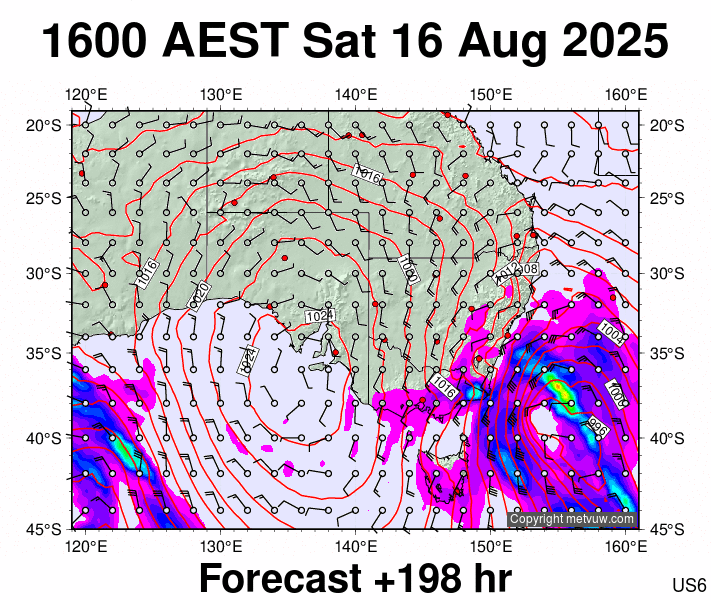South East Australia forecast chart for Saturday, August 16th, 2025 at 6:00 AM