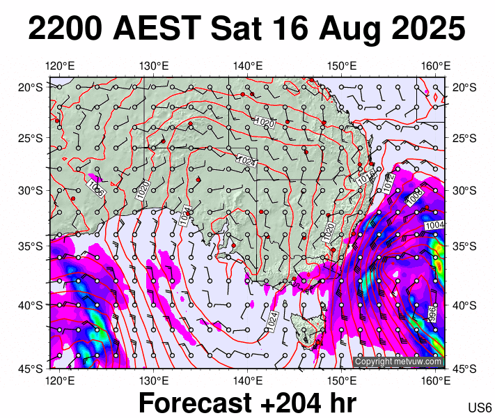 South East Australia forecast chart for Saturday, August 16th, 2025 at 12:00 PM