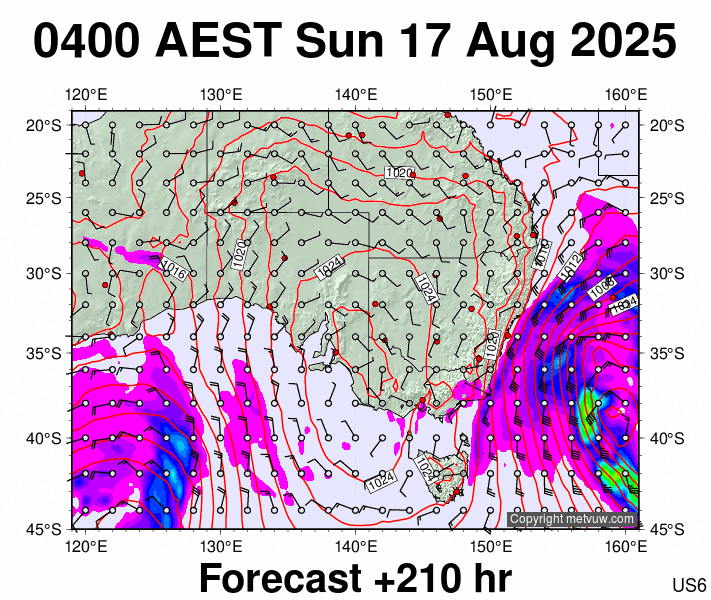 South East Australia forecast chart for Saturday, August 16th, 2025 at 6:00 PM