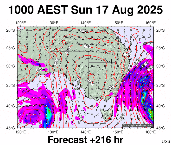 South East Australia forecast chart for Sunday, August 17th, 2025 at 12:00 AM