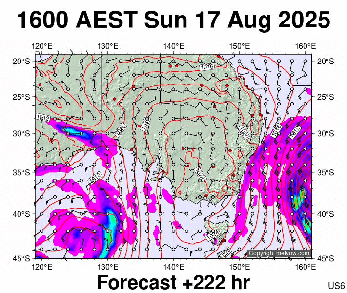 South East Australia forecast chart for Sunday, August 17th, 2025 at 6:00 AM