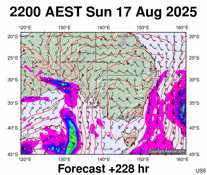 South East Australia forecast chart for Sunday, August 17th, 2025 at 12:00 PM