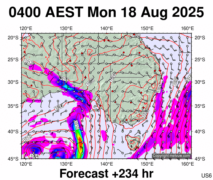 South East Australia forecast chart for Sunday, August 17th, 2025 at 6:00 PM