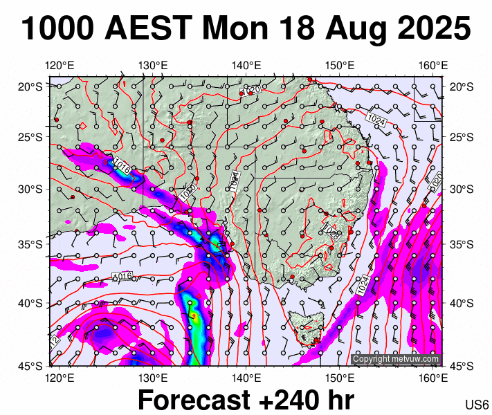 South East Australia forecast chart for Monday, August 18th, 2025 at 12:00 AM