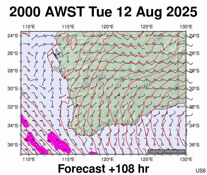 Perth forecast chart for Tuesday, August 12th, 2025 at 12:00 PM