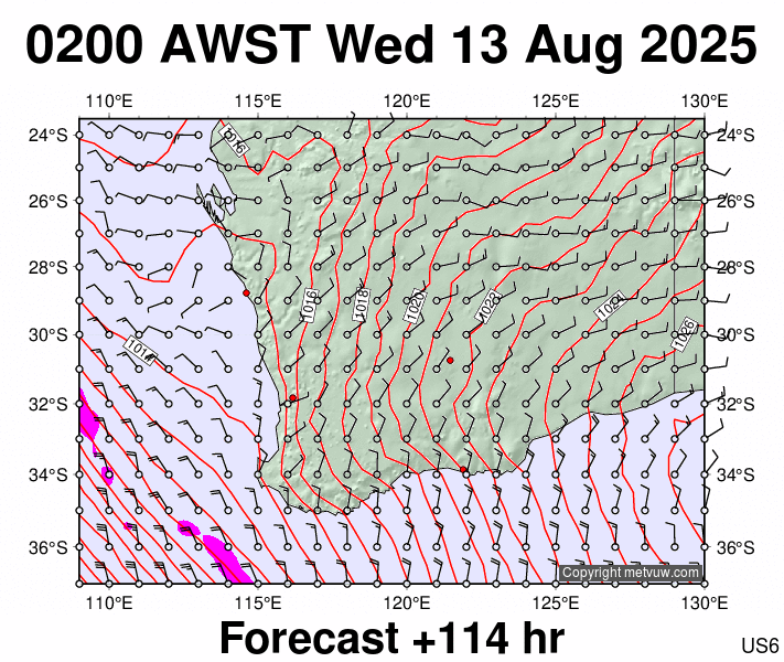 Perth forecast chart for Tuesday, August 12th, 2025 at 6:00 PM