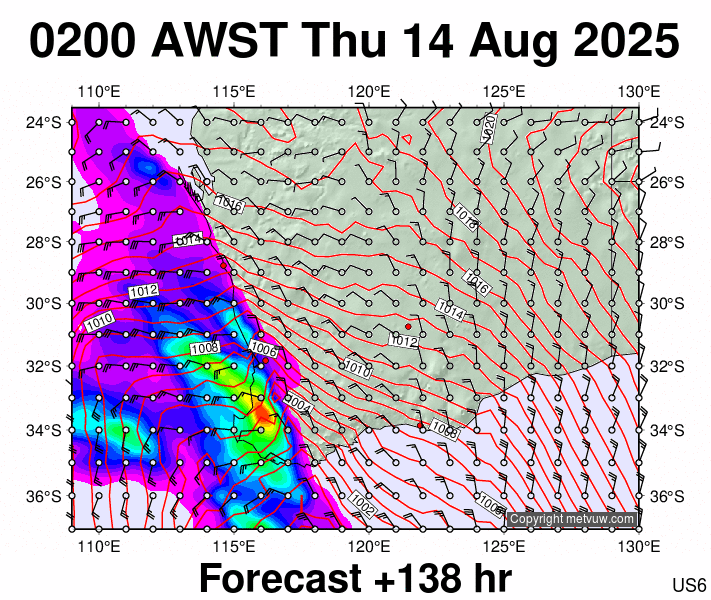Perth forecast chart for Wednesday, August 13th, 2025 at 6:00 PM