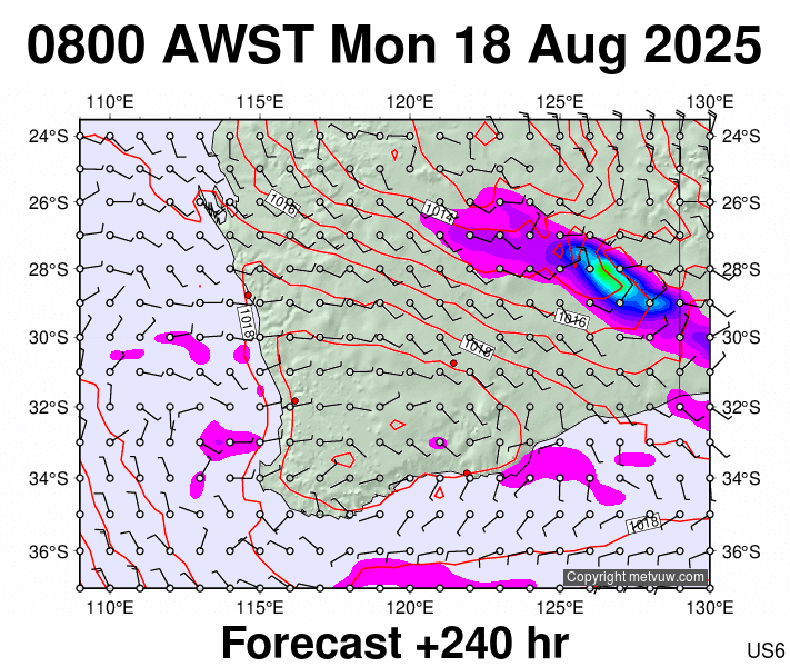 Perth forecast chart for Monday, August 18th, 2025 at 12:00 AM