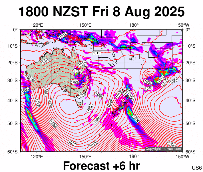 South West Pacific forecast chart for Friday, August 8th, 2025 at 6:00 AM