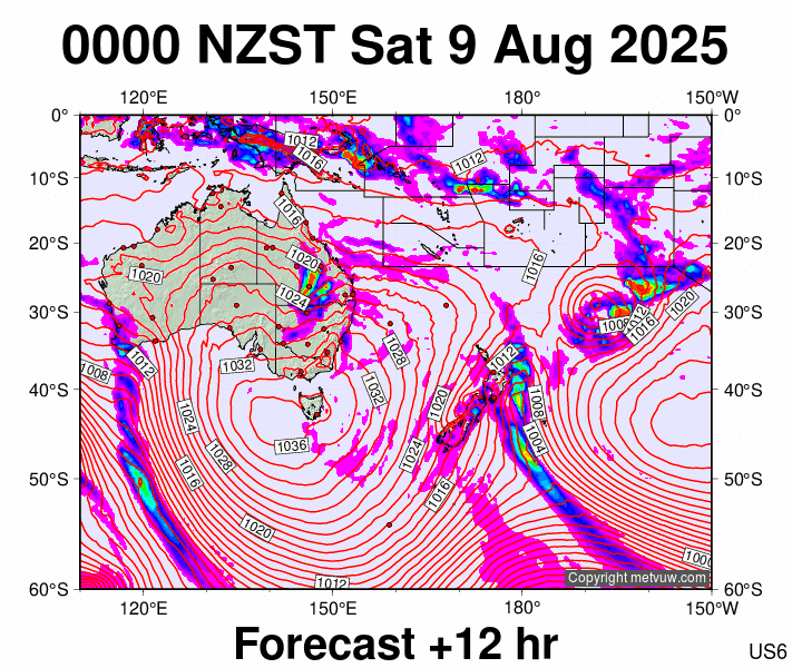 South West Pacific forecast chart for Friday, August 8th, 2025 at 12:00 PM