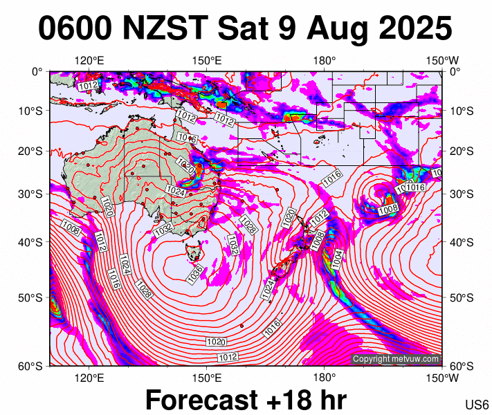 South West Pacific forecast chart for Friday, August 8th, 2025 at 6:00 PM