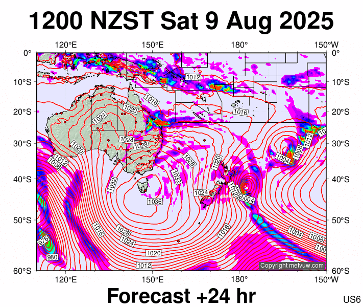 South West Pacific forecast chart for Saturday, August 9th, 2025 at 12:00 AM