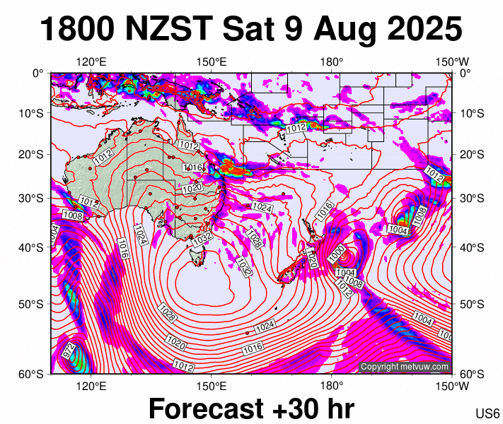 South West Pacific forecast chart for Saturday, August 9th, 2025 at 6:00 AM