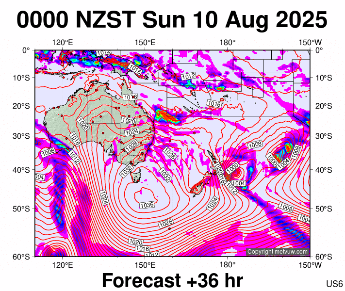 South West Pacific forecast chart for Saturday, August 9th, 2025 at 12:00 PM
