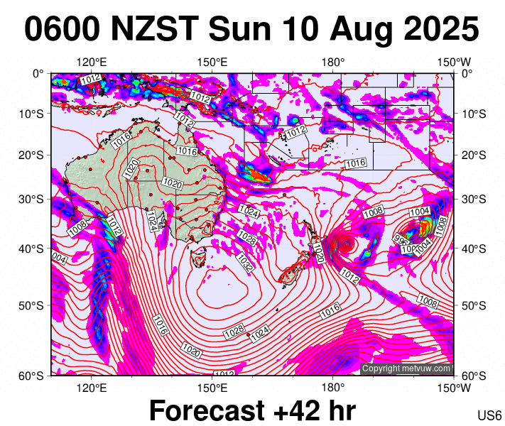 South West Pacific forecast chart for Saturday, August 9th, 2025 at 6:00 PM