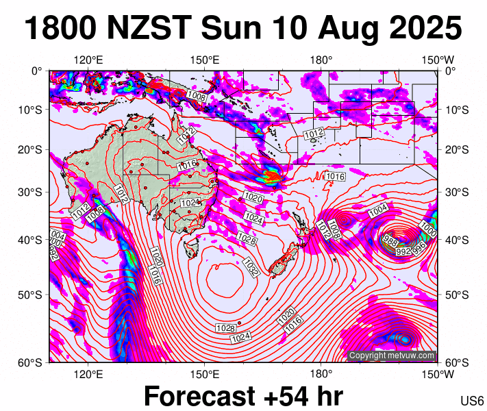 South West Pacific forecast chart for Sunday, August 10th, 2025 at 6:00 AM