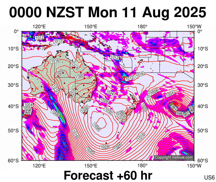 South West Pacific forecast chart for Sunday, August 10th, 2025 at 12:00 PM