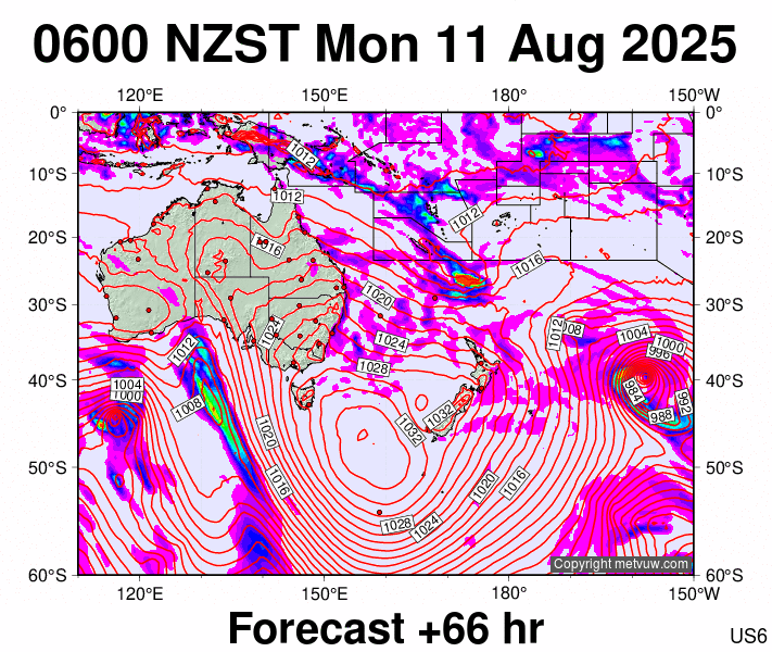 South West Pacific forecast chart for Sunday, August 10th, 2025 at 6:00 PM