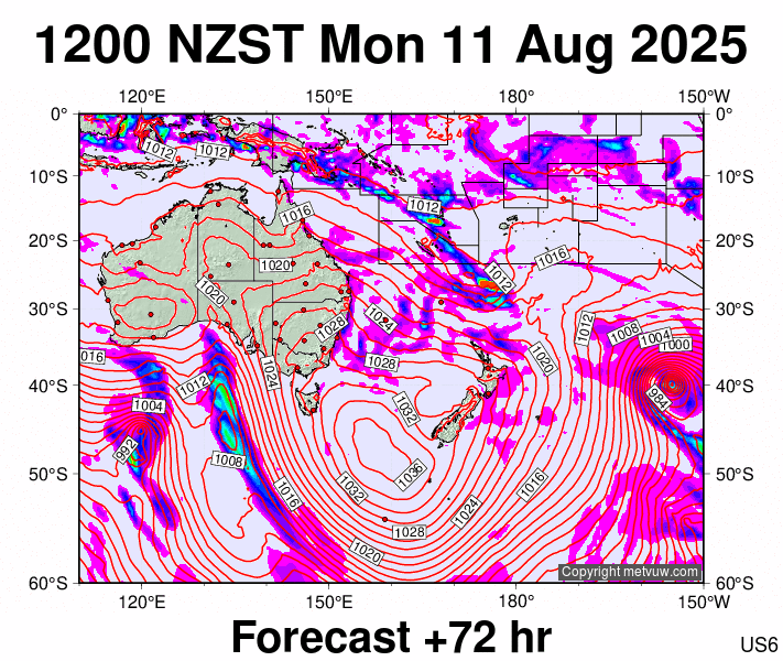 South West Pacific forecast chart for Monday, August 11th, 2025 at 12:00 AM