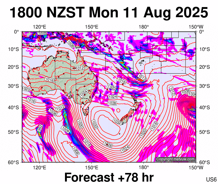 South West Pacific forecast chart for Monday, August 11th, 2025 at 6:00 AM