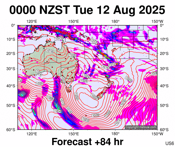 South West Pacific forecast chart for Monday, August 11th, 2025 at 12:00 PM