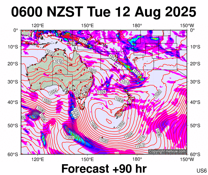 South West Pacific forecast chart for Monday, August 11th, 2025 at 6:00 PM