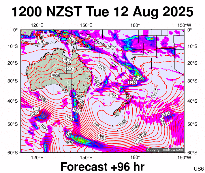 South West Pacific forecast chart for Tuesday, August 12th, 2025 at 12:00 AM