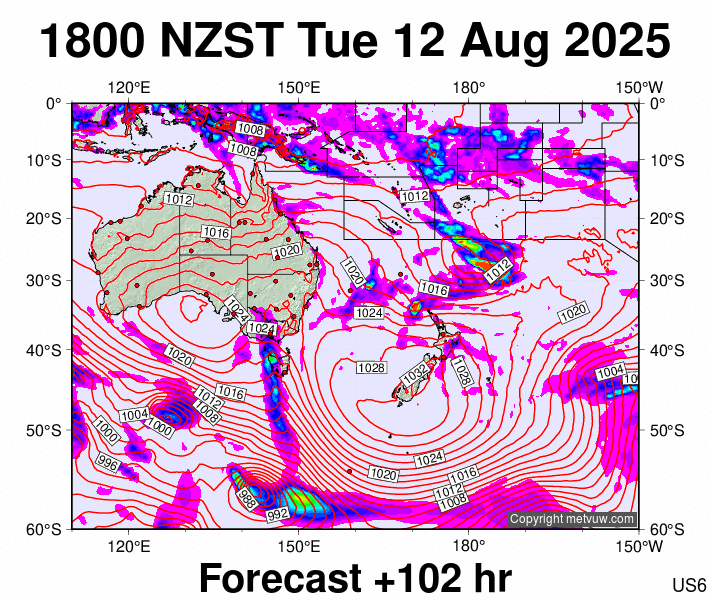South West Pacific forecast chart for Tuesday, August 12th, 2025 at 6:00 AM