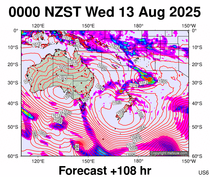 South West Pacific forecast chart for Tuesday, August 12th, 2025 at 12:00 PM