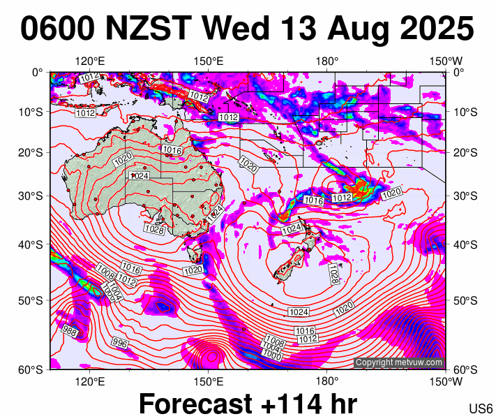 South West Pacific forecast chart for Tuesday, August 12th, 2025 at 6:00 PM