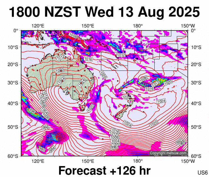 South West Pacific forecast chart for Wednesday, August 13th, 2025 at 6:00 AM