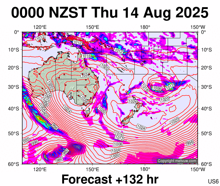 South West Pacific forecast chart for Wednesday, August 13th, 2025 at 12:00 PM