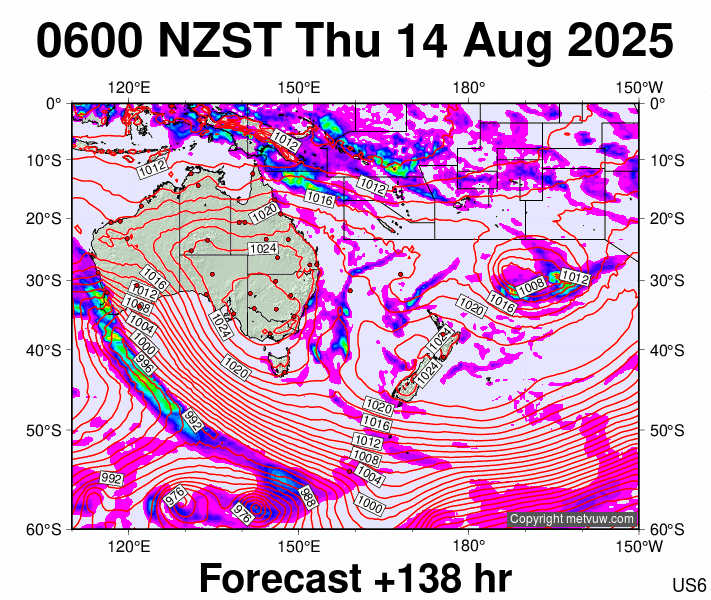 South West Pacific forecast chart for Wednesday, August 13th, 2025 at 6:00 PM