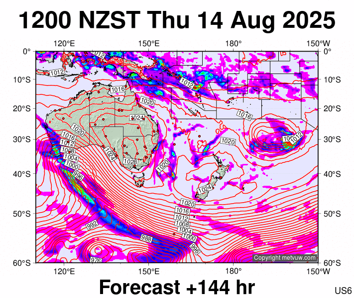 South West Pacific forecast chart for Thursday, August 14th, 2025 at 12:00 AM