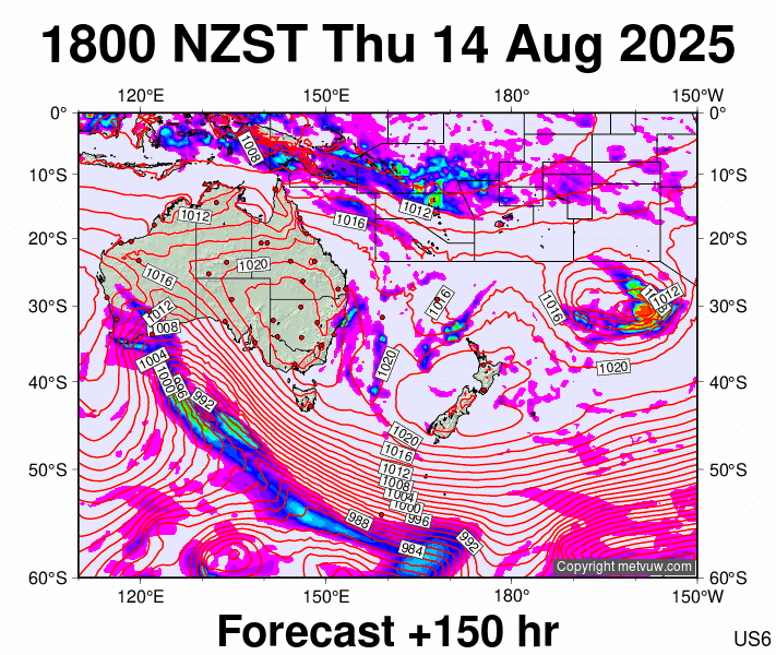 South West Pacific forecast chart for Thursday, August 14th, 2025 at 6:00 AM