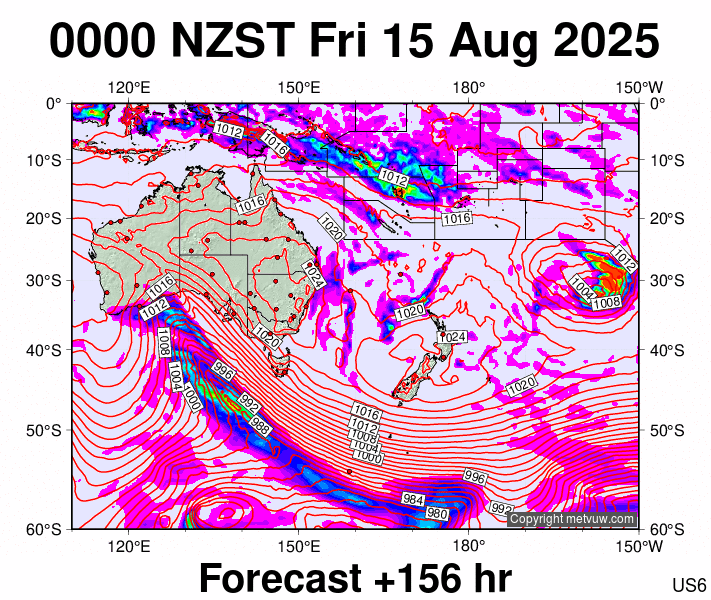 South West Pacific forecast chart for Thursday, August 14th, 2025 at 12:00 PM