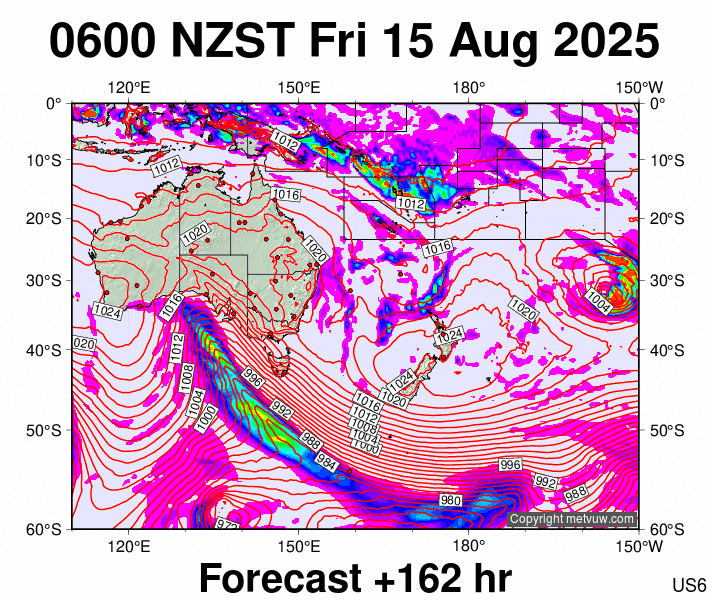 South West Pacific forecast chart for Thursday, August 14th, 2025 at 6:00 PM