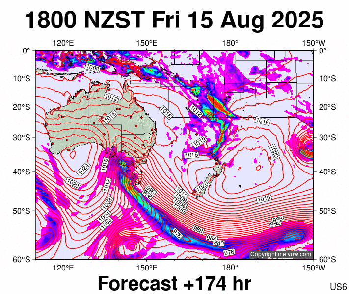 South West Pacific forecast chart for Friday, August 15th, 2025 at 6:00 AM