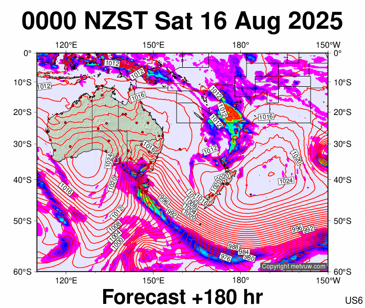 South West Pacific forecast chart for Friday, August 15th, 2025 at 12:00 PM